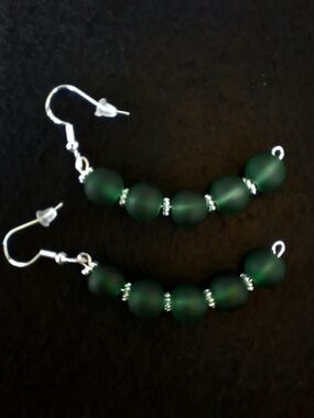 Half Hoop Green Beaded 2 1/2" Drop Pierced Earrings - Silver Tone